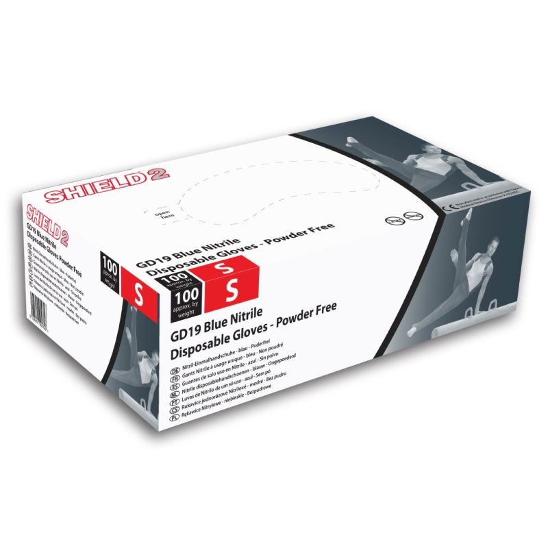 Shield2 PowderFree Nitrile Blue Disposable Gloves GD19